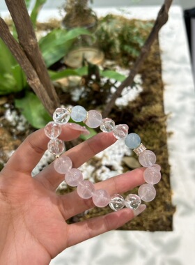 天然粉水晶莫粉旺桃花手链白水晶切面海蓝宝手串女设计款送人礼物