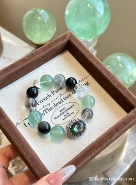 原创天然绿幽灵手链绿萤石女款黑曜石手串清新送人新中式礼物七夕