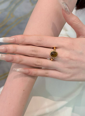 水贝黄金虎眼石方形戒指女新款999足金镶嵌闭口戒指环礼物送女友