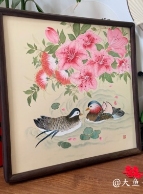 纯手绘鸳鸯国画摆台百合合欢花送闺蜜新婚礼物结婚纪念日35×35cn