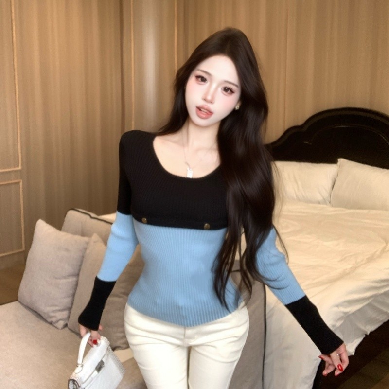 洋气时髦撞色针织衫女韩系修身正肩打底衫早秋氛围感穿搭上衣,淘宝优惠券,粉丝福利购,淘宝优惠卷