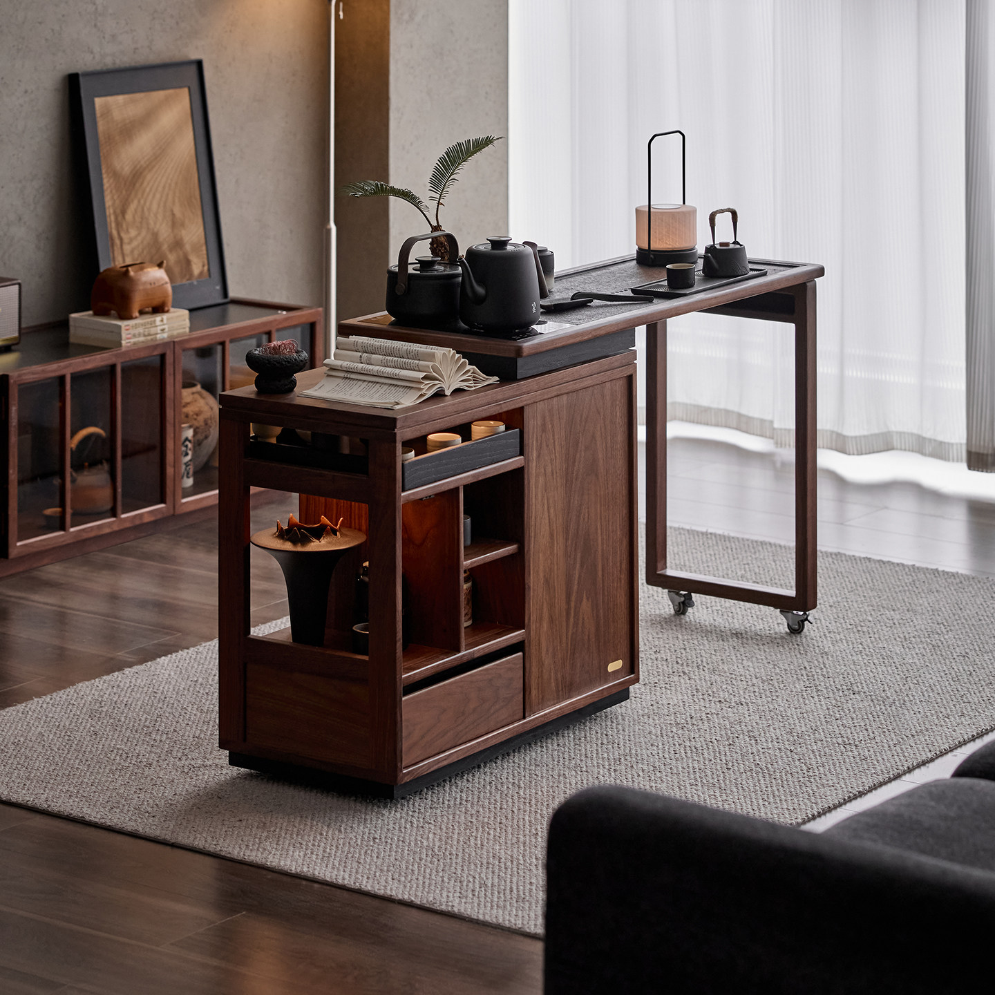 色格实木茶桌茶台黑胡桃木可移动伸缩旋转茶车烧水茶室阳台茶水柜,淘宝优惠券,粉丝福利购,淘宝优惠卷