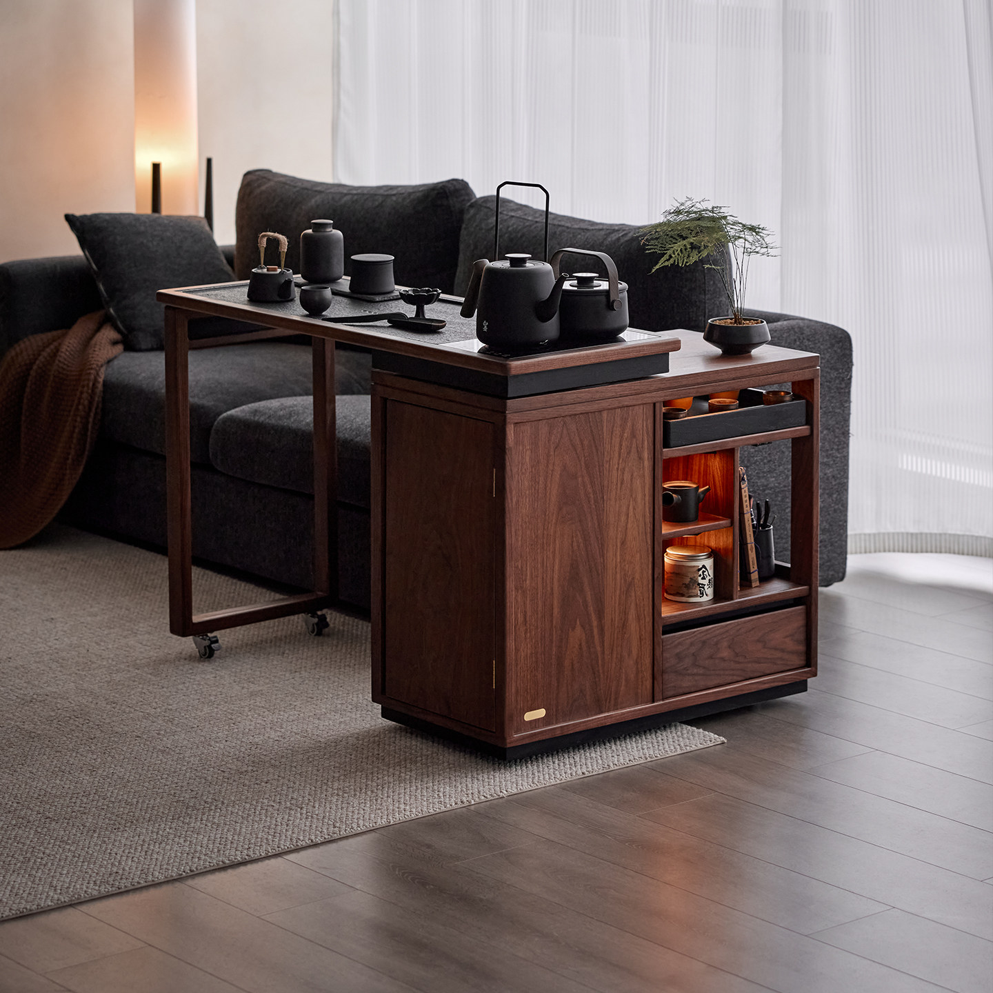 色格实木茶桌茶台黑胡桃木可移动伸缩旋转茶车烧水茶室阳台茶水柜,淘宝优惠券,粉丝福利购,淘宝优惠卷