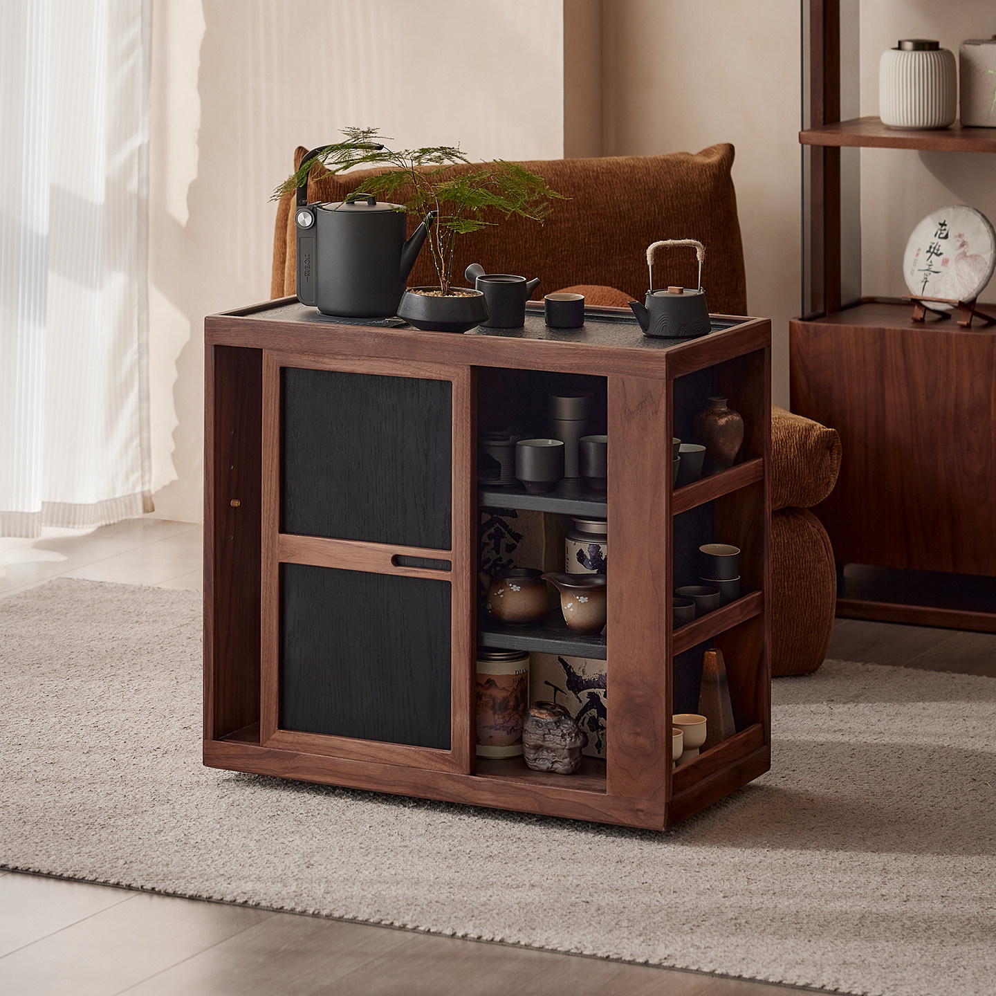 色格实木可移动茶水柜黑胡桃茶桌台沙发边柜烧水壶一体边几置物架,淘宝优惠券,粉丝福利购,淘宝优惠卷