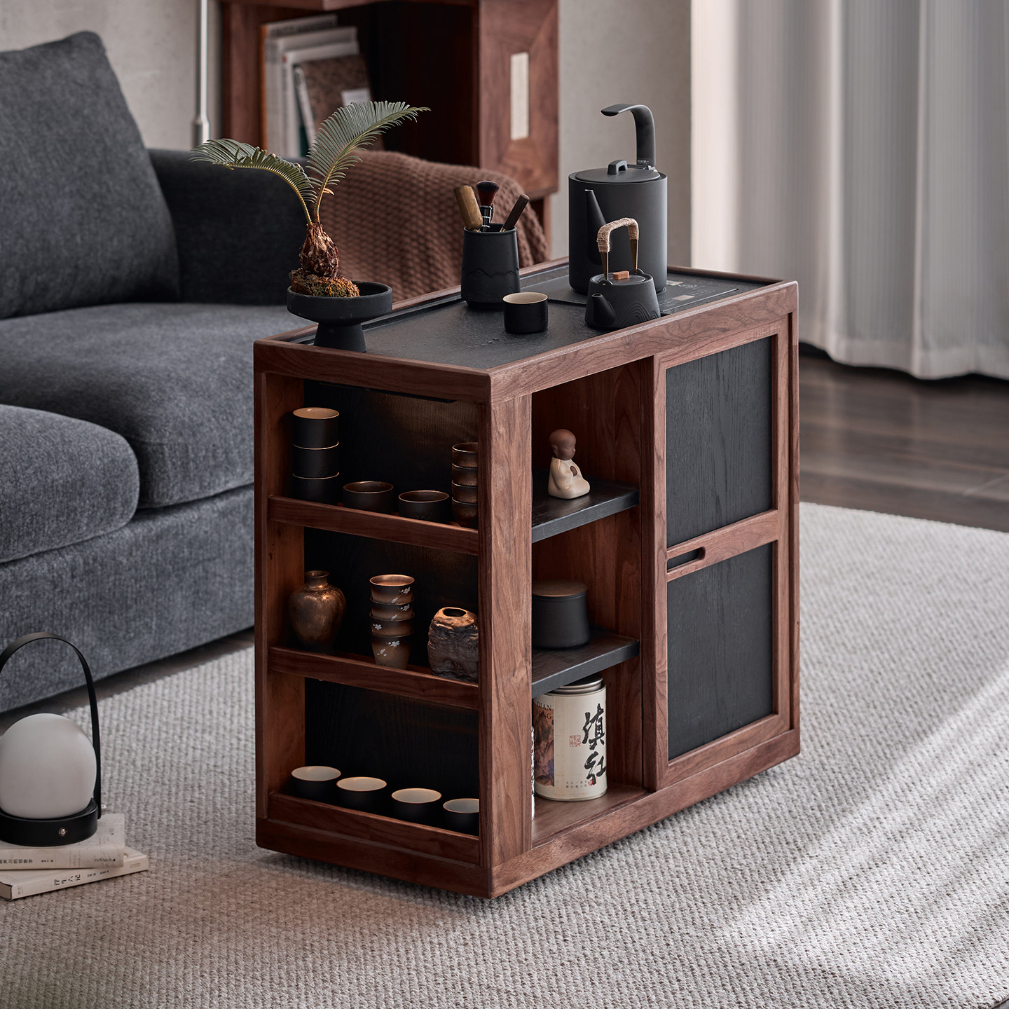 色格实木可移动茶水柜黑胡桃茶桌台沙发边柜烧水壶一体边几置物架,淘宝优惠券,粉丝福利购,淘宝优惠卷