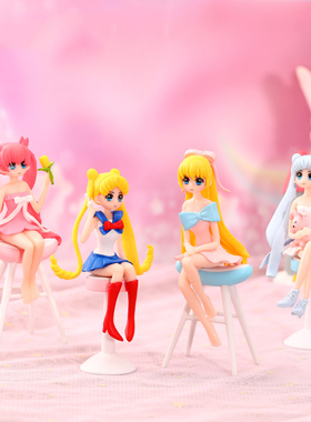 微景观简约现代塑料工艺品可爱卡通人物美少女凳子家居园艺装饰品