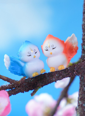微景观树脂工艺品创意可爱红蓝比翼鸟情侣动物 造景DIY装饰品摆件
