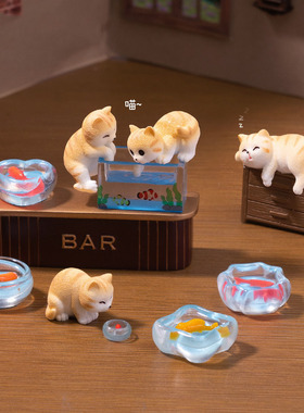 微景观创意可爱可爱调皮捞鱼小花猫娃娃屋 DIY装饰品微缩树脂摆件