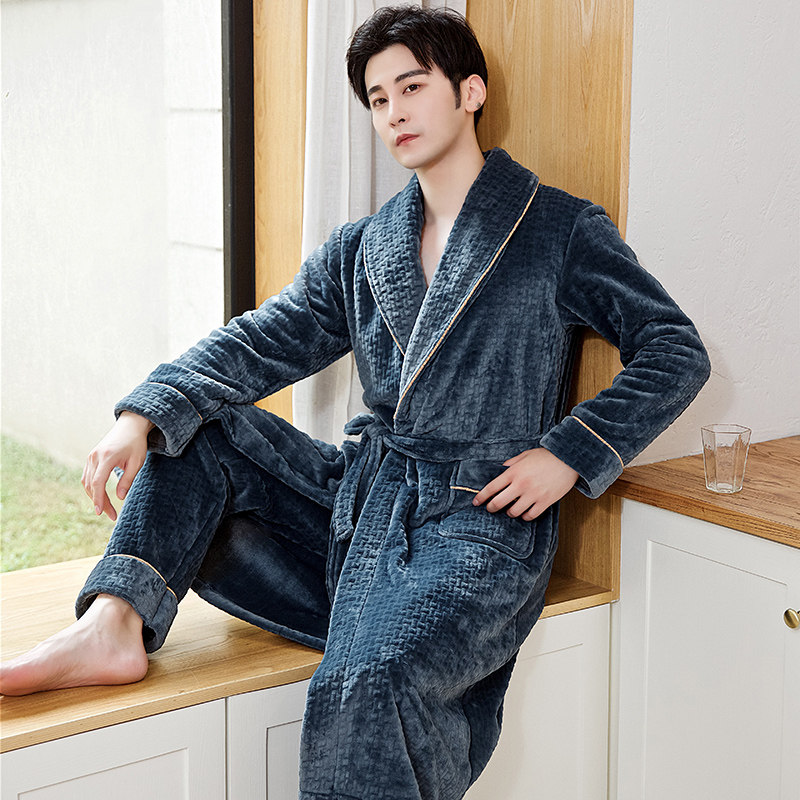 睡袍男秋冬长款加厚珊瑚绒新款睡衣大码宽松休闲可外穿家居服套装,淘宝优惠券,粉丝福利购,淘宝优惠卷