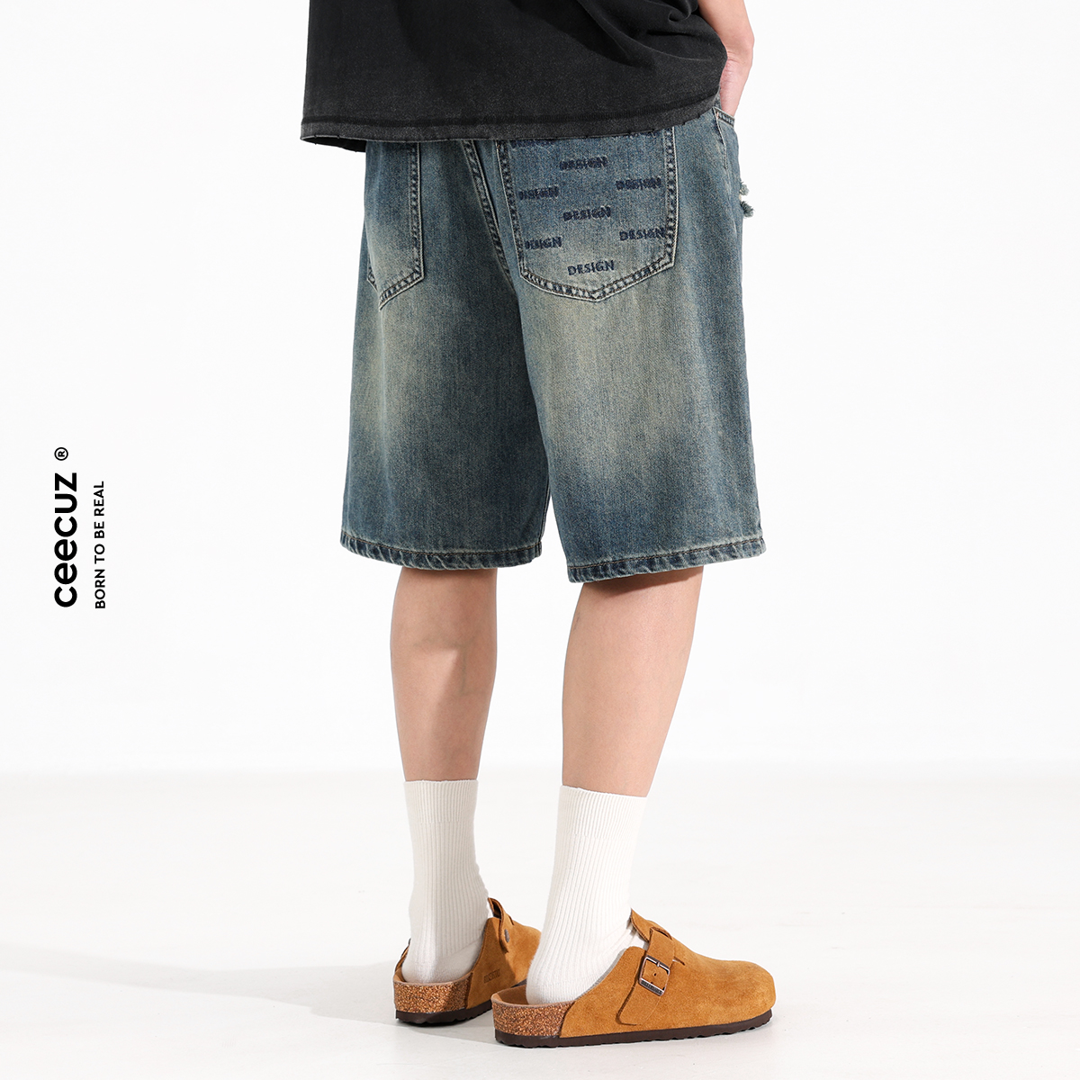 Ceecuz破洞做旧直筒牛仔短裤男款夏季新款美式潮流宽松阔腿五分裤 - 图1