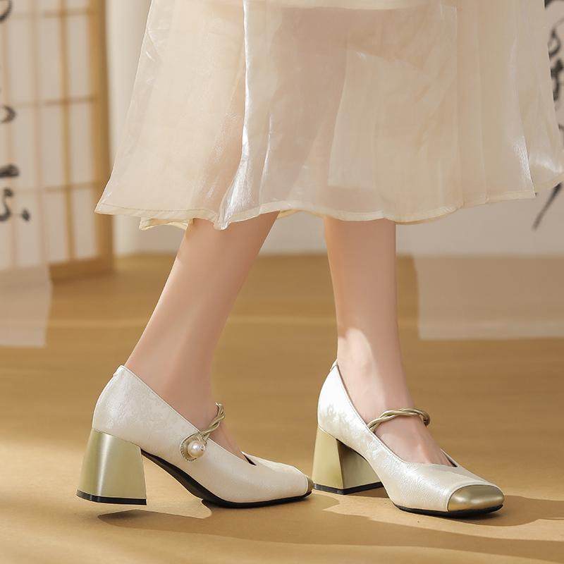 2025春夏新款法式玛丽珍鞋女高跟鞋新中式国风绸缎粗跟单鞋配裙子,淘宝优惠券,粉丝福利购,淘宝优惠卷