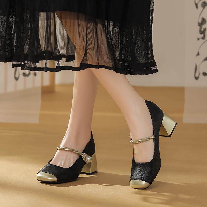 2025春夏新款法式玛丽珍鞋女高跟鞋新中式国风绸缎粗跟单鞋配裙子,淘宝优惠券,粉丝福利购,淘宝优惠卷