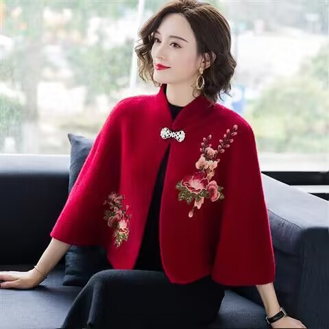 水貂绒披肩小外套女斗篷短款秋冬开衫高档搭配旗袍的外搭刺绣坎肩 - 图0