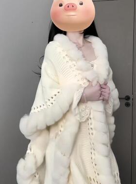 慵懒麻花针织环保毛毛球披肩外套