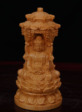 桧木木雕刻坐莲花西方三圣人物佛像三面佛礼佛家居摆件