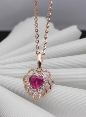 俄罗斯585紫金红宝石微镶心型吊坠镀14K玫瑰金潮流气质女项链礼物