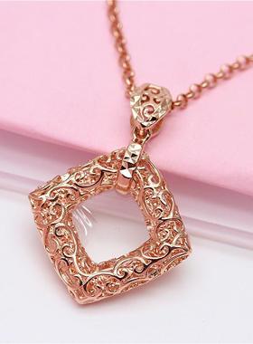 俄罗斯585紫金民族风镀14k玫瑰金女精美气质镂空花纹方形吊坠项链