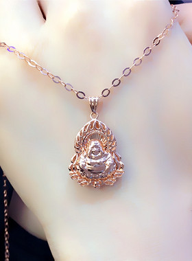 俄罗斯585紫金简约款大气豪华玫瑰金弥勒佛吊坠项链镀14K彩金女款