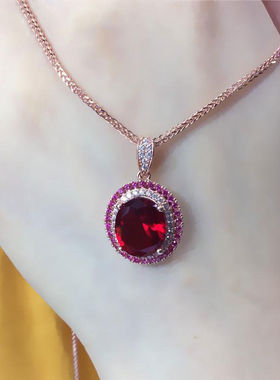 俄罗斯585紫金镶嵌红宝石椭圆吊坠镀14K玫瑰金彩金时尚女精致项链