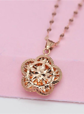 俄罗斯585紫金女款时尚潮流镂空小花吊坠镀14k玫瑰金简约项链百搭