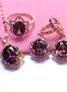 俄罗斯585紫金镶嵌烟色花朵吊坠时尚镀14K项链时尚百搭个性女礼物