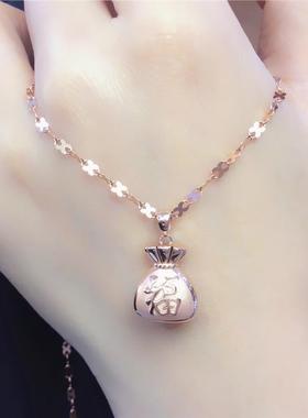 俄罗斯585紫金福袋吊坠女款简约大方气质镀14K彩金玫瑰金潮流项链