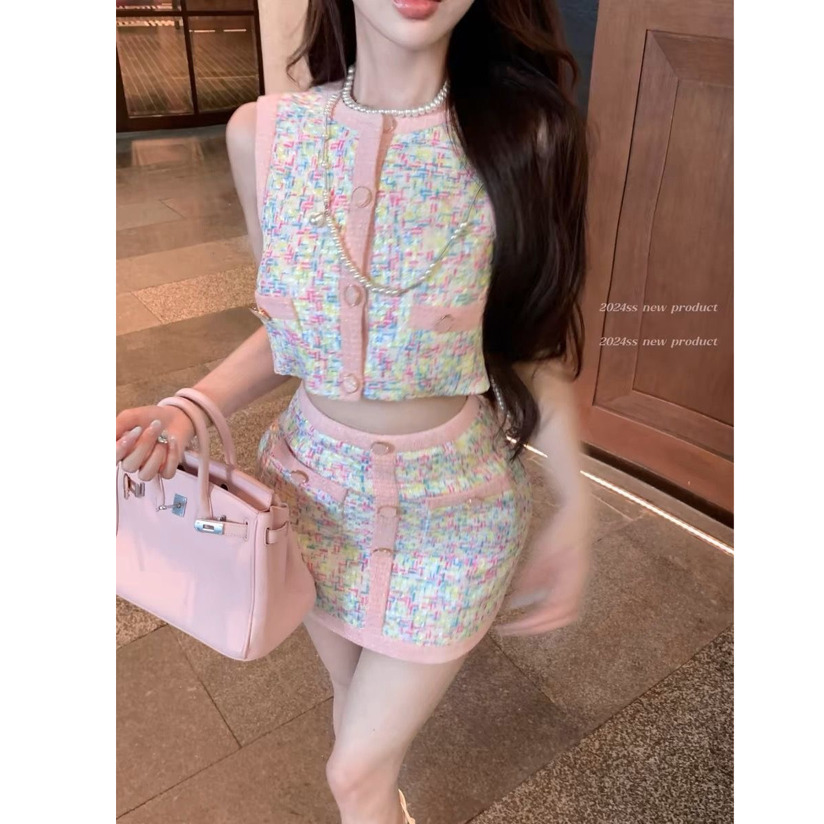 小香风千金套装女夏季2025新款重工彩色马甲上衣包臀半身裙两件套,淘宝优惠券,粉丝福利购,淘宝优惠卷