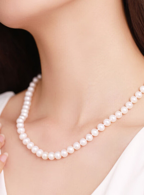 S925银淡水珍珠项链近圆颈链锁骨链送妈妈婆婆自戴礼物女