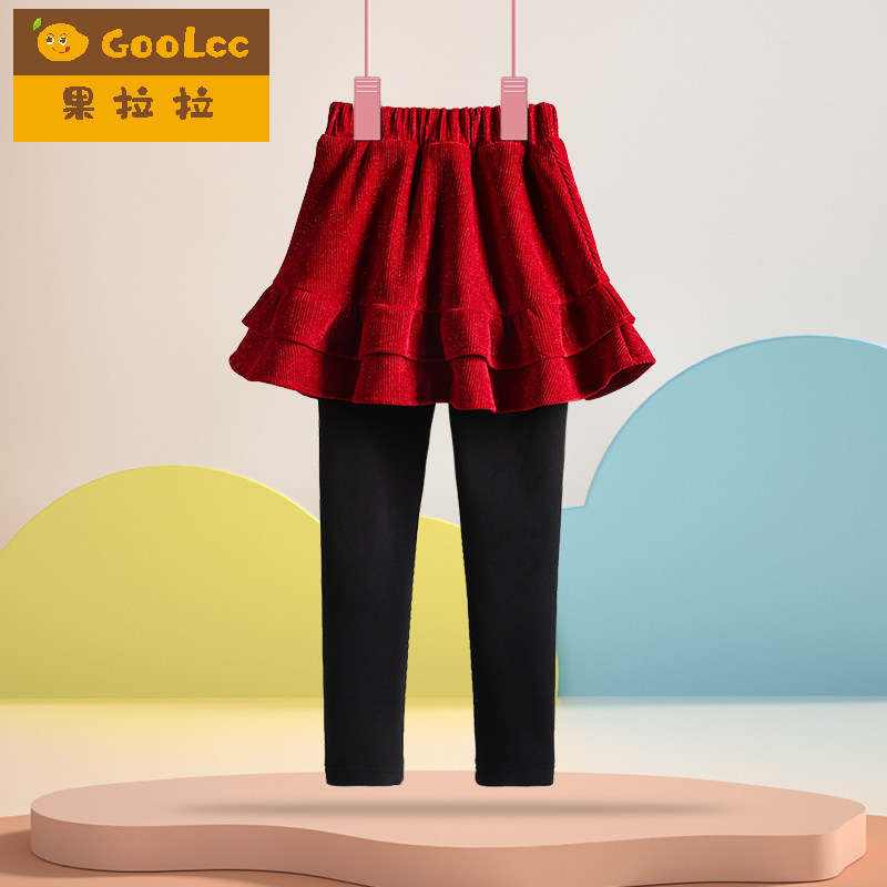 红色过年裤子拜年服女童打底裤儿童女宝宝加绒加厚假两件裙裤冬款,淘宝优惠券,粉丝福利购,淘宝优惠卷