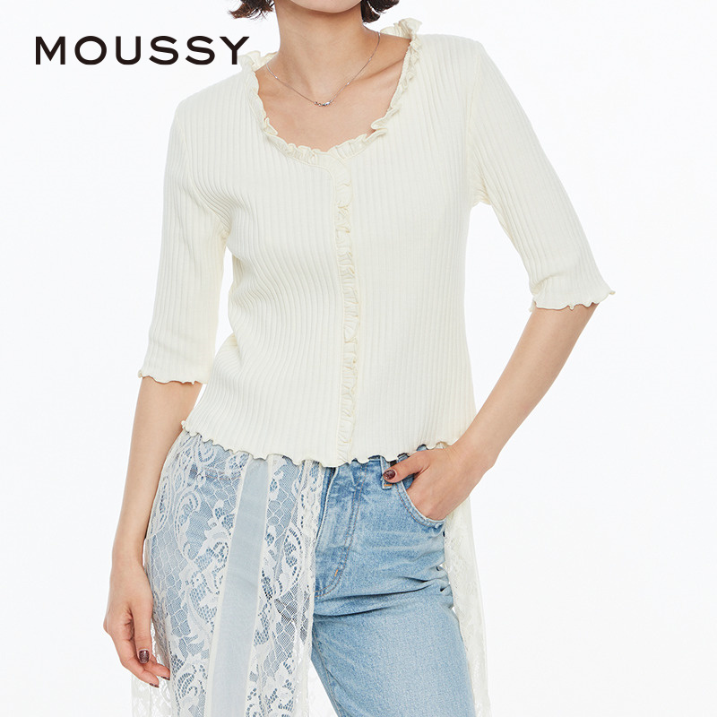 MOUSSY 2024夏季新品优雅甜美木耳边五分袖针织上衣029GSA80-0130 - 图0