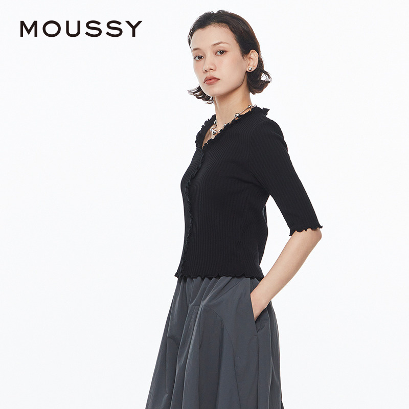 MOUSSY 2024夏季新品优雅甜美木耳边五分袖针织上衣029GSA80-0130 - 图1