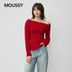 Wang Yuwen's same style moussy spring product gentle and lazy asymmetric collar off-shoulder sweater 010IA370-3891