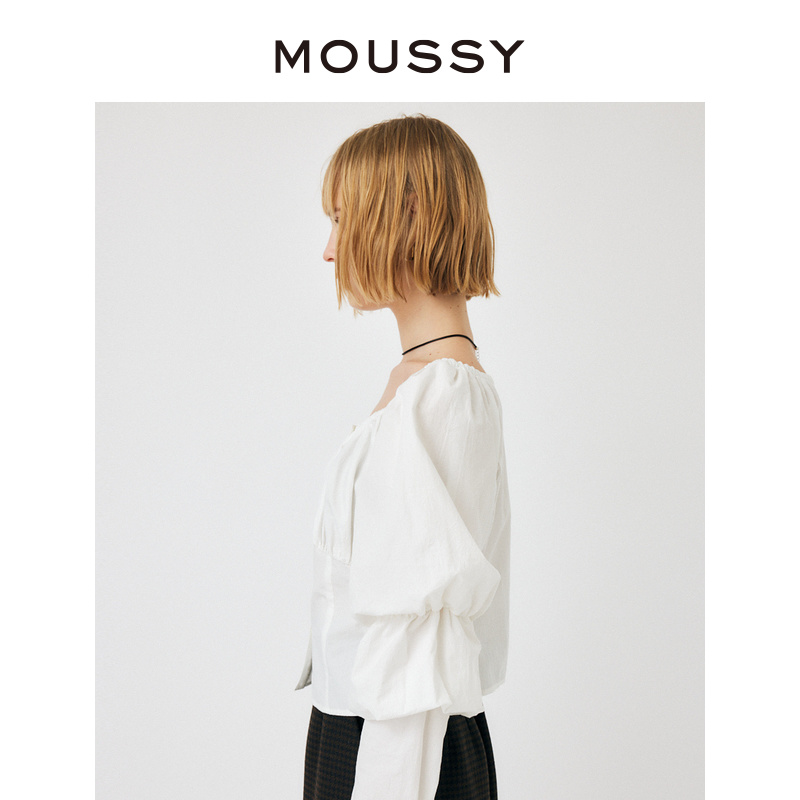 MOUSSY 夏季新品新款法式优雅豹纹一字领堆堆袖衬衫010GAG30-7110 - 图1