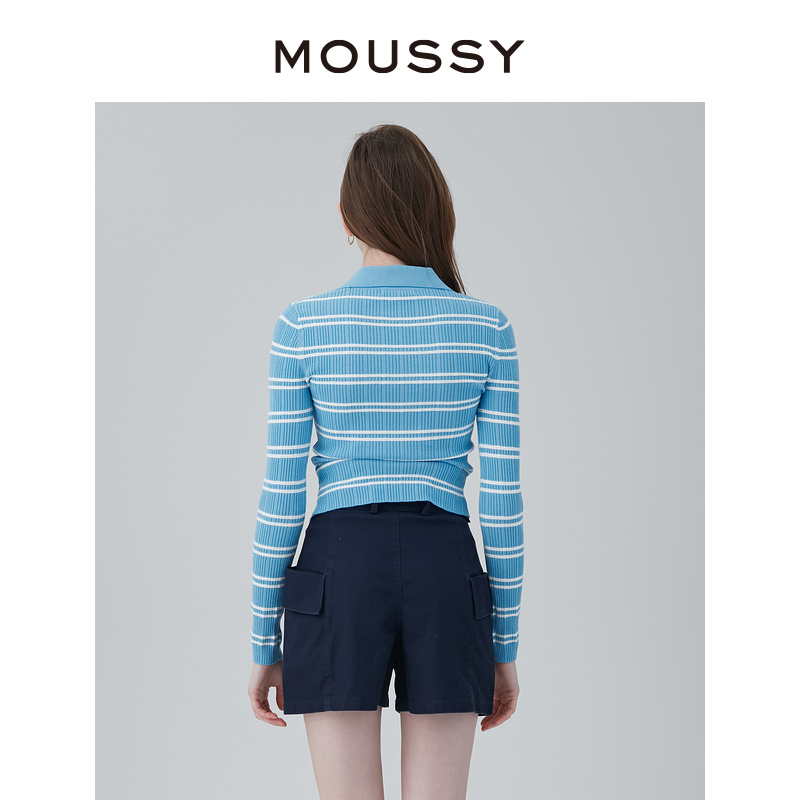 MOUSSY 通勤风撞色条纹半开领绑带修身短款针织衫女028GSZ70-0020