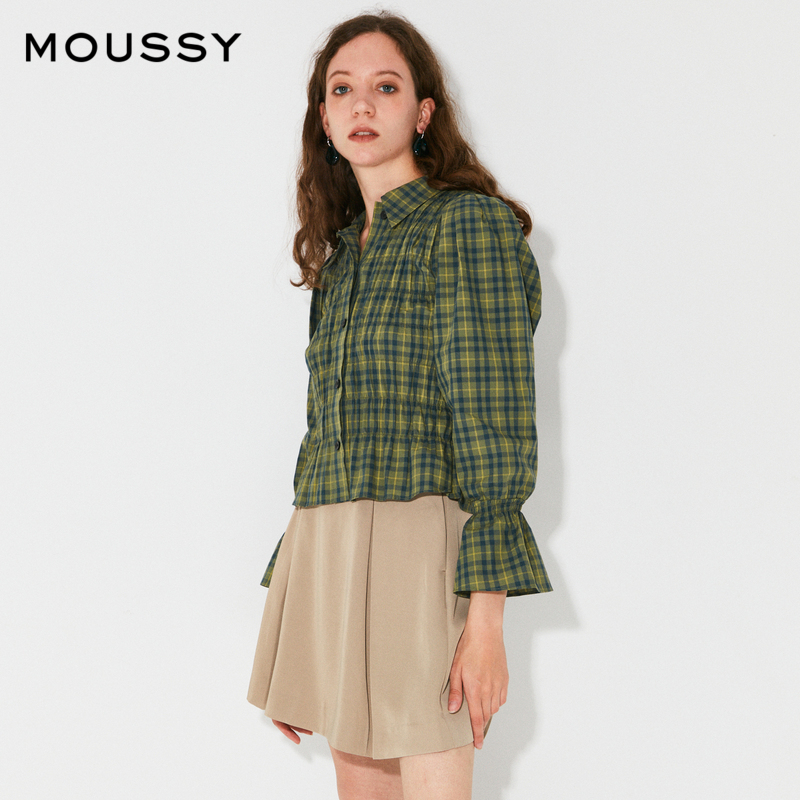 MOUSSY  格纹翻领泡泡袖收腰褶皱衬衫女028FAK30-5250 - 图1