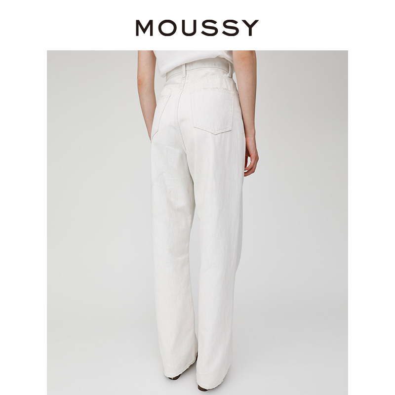 MOUSSY 2024夏季新品高腰白色法棍裤磨破直筒牛仔裤010HSS11-1031