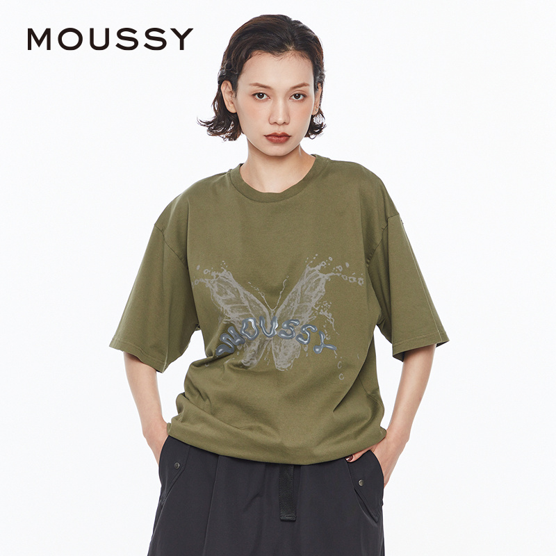 MOUSSY 2024夏季新品废土风做旧液态蝴蝶印花T恤女028HSZ90-1161