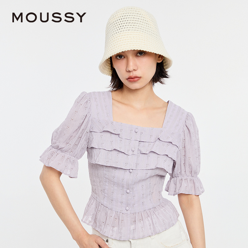 MOUSSY 2024夏季新品甜美森系春游方领泡泡袖衬衫女028HSZ30-0561 - 图0