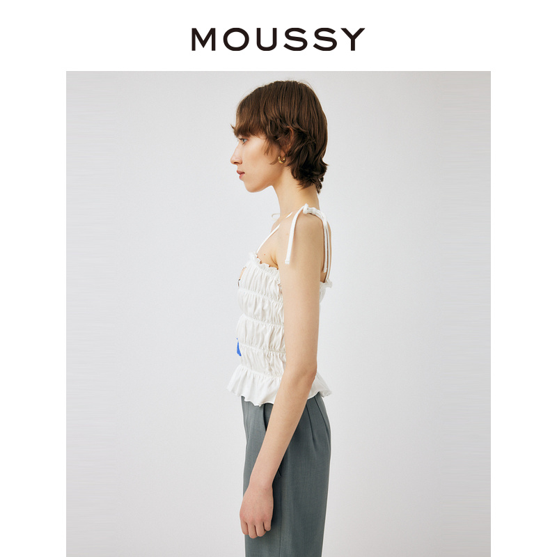 MOUSSY 夏季新品复古辣妹机车图案抽褶花边小吊带010GSQ90-0770 - 图1