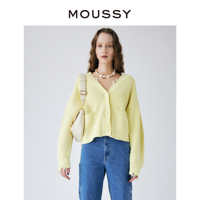 MOUSSY 慵懒感V领磨损V领短款针织开衫010GSW70-0180 - 图0