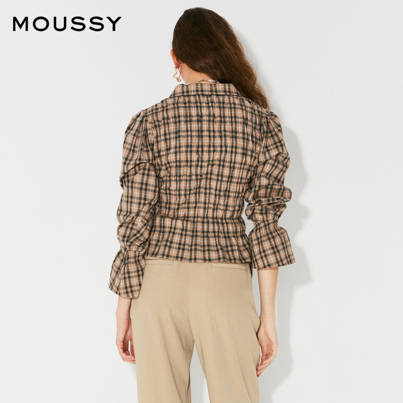 MOUSSY  格纹翻领泡泡袖收腰褶皱衬衫女028FAK30-5250 - 图3