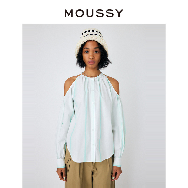 MOUSSY 气质淑女风条纹露肩长袖圆领甜美宽松衬女028GAS30-5880 - 图0