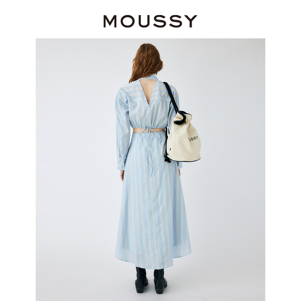 MOUSSY 度假风撞色条纹抽绳露腰通勤休闲衬衫连衣裙010GSS30-1740