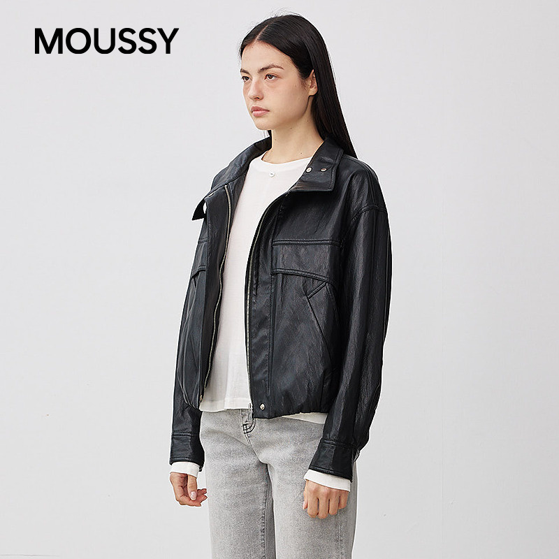 moussy 2025秋季新品潮酷时尚简约拉链皮衣外套女028IAC30-1069