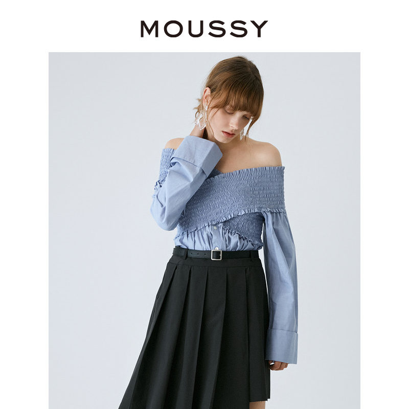 MOUSSY 甜美少女一字领露肩打揽纯色长袖休闲衬衫女010GA230-6640 - 图1