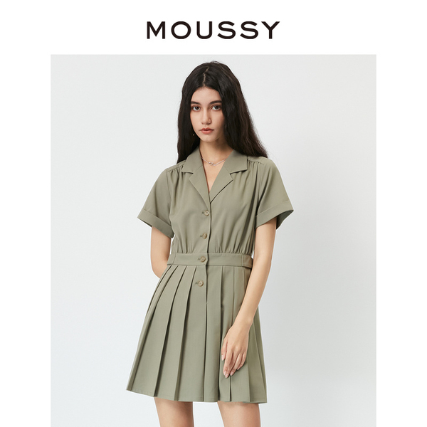 MOUSSY 夏季新品西装领衬衫拼接百褶收腰短款连衣裙028GSZ30-0470