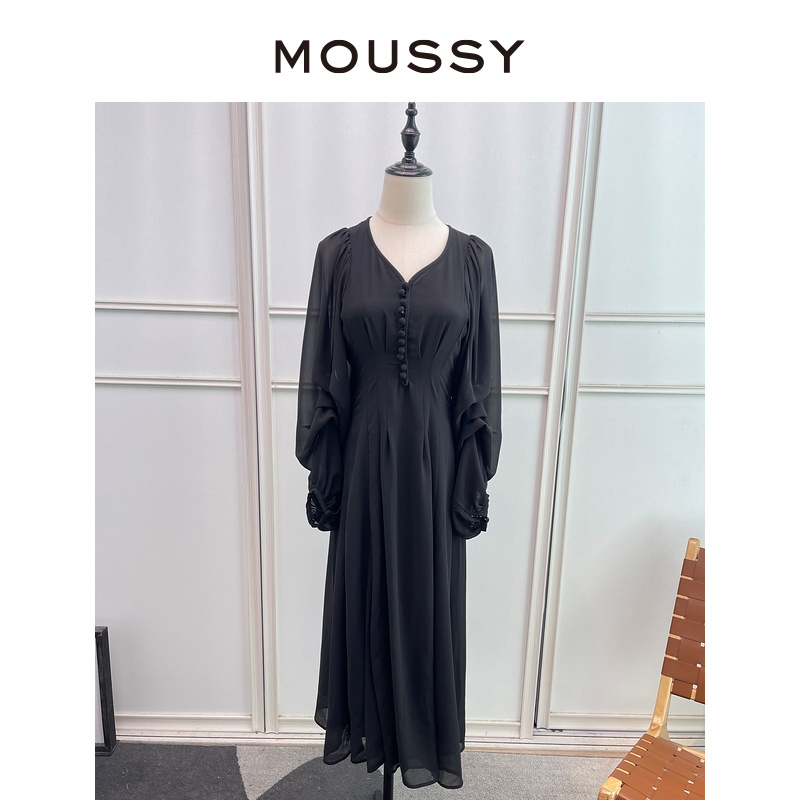 MOUSSY 法式优雅茶歇裙V领拉链收腰垂感大摆连衣裙010GSA30-2470