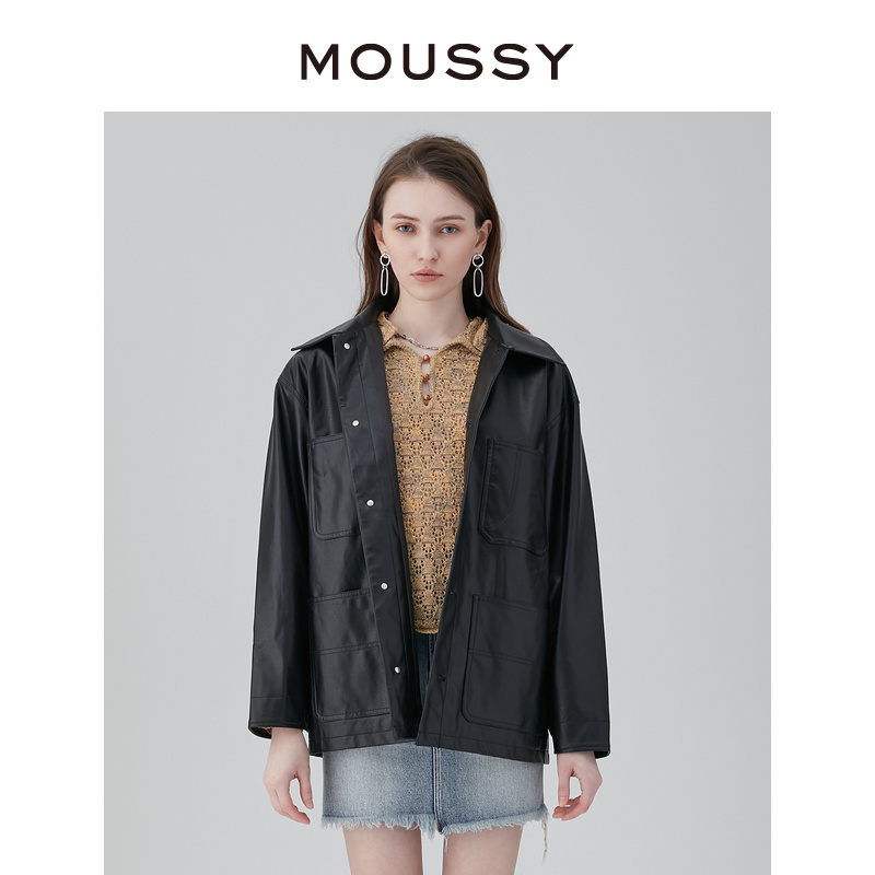 MOUSSY  日系中性风男友休闲宽松翻领皮夹克外套女028GSW30-5000