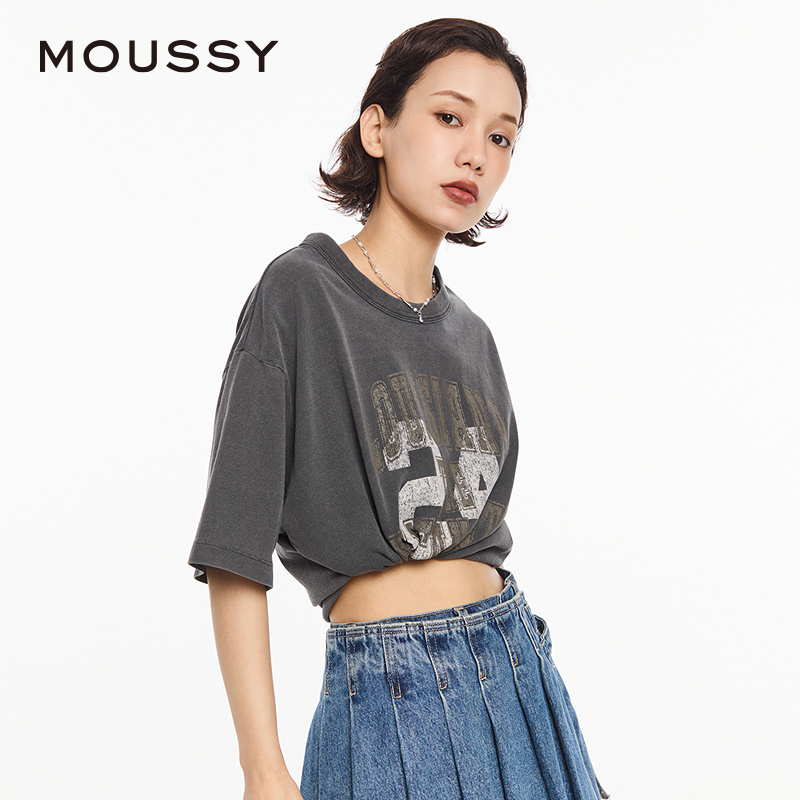 MOUSSY 2024夏季新品美式复古做旧休闲风短袖T恤女028HSA90-1141 - 图0