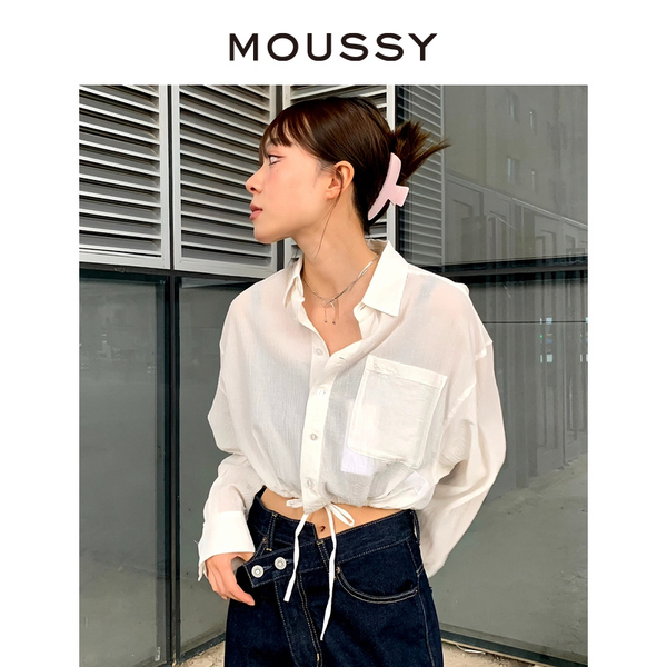 MOUSSY 纯棉宽松简约短款草书刺绣衬衫028GSZ30-0520 - 图0